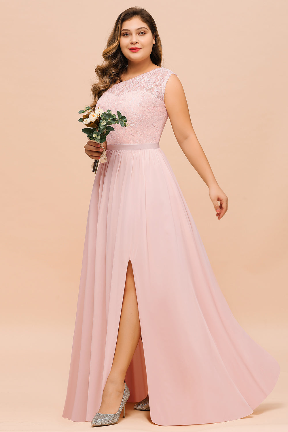 Chic One-Shoulder Pink Lace Bridesmaid Dresses with Slit
