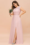 Chic One-Shoulder Pink Lace Bridesmaid Dresses with Slit