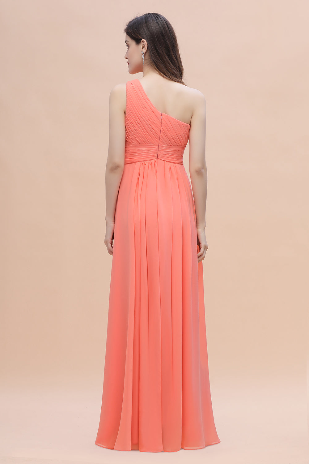 Chic One-Shoulder Ruffles Chiffon Coral Bridesmaid Dresses On Sale