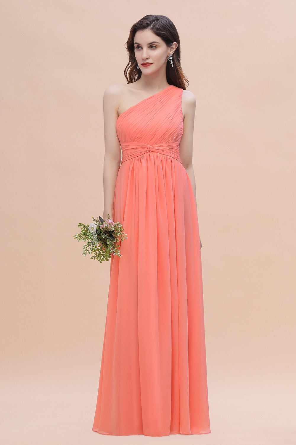 Chic One-Shoulder Ruffles Chiffon Coral Bridesmaid Dresses On Sale
