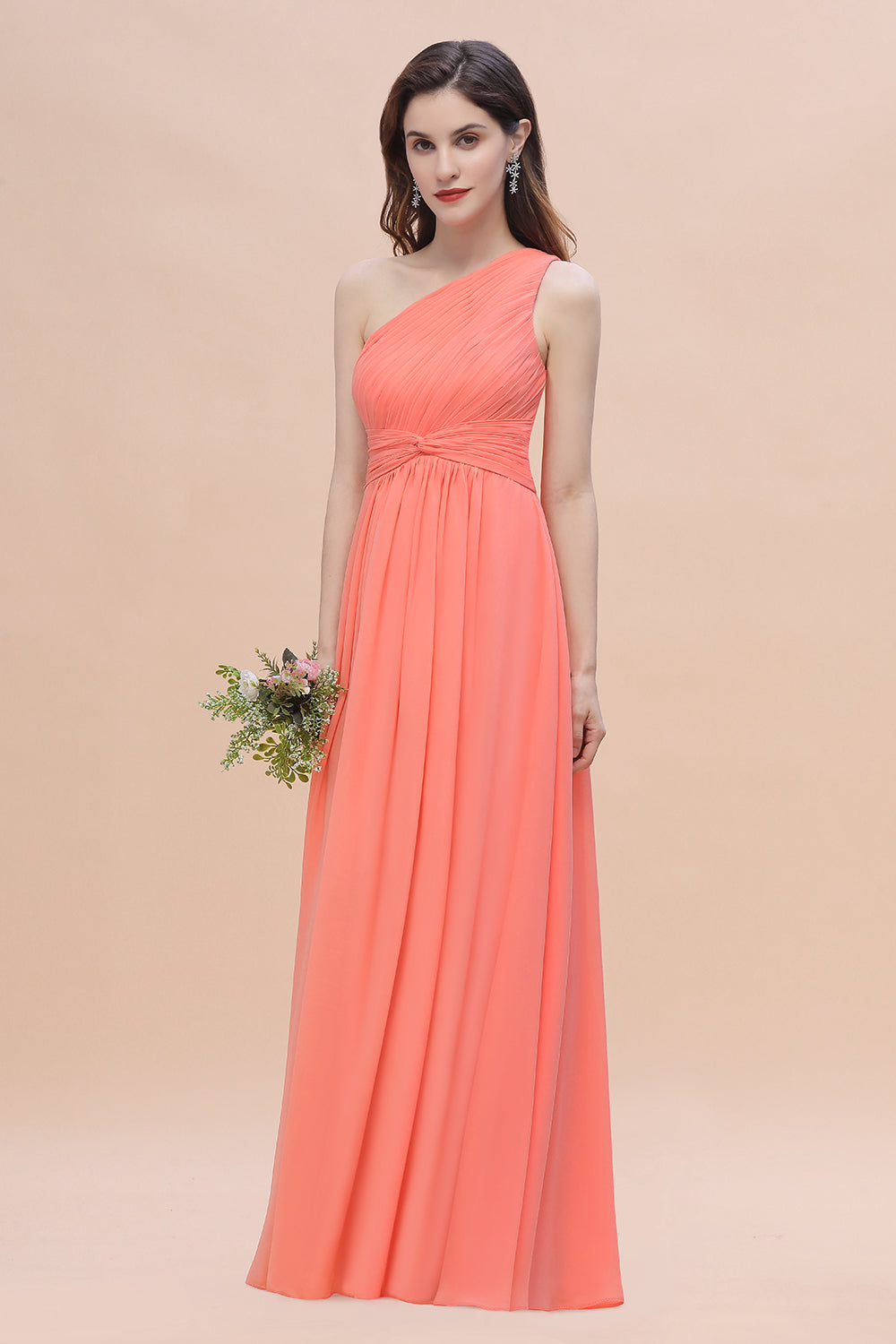 Chic One-Shoulder Ruffles Chiffon Coral Bridesmaid Dresses On Sale