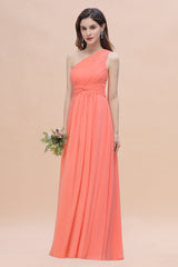 Chic One-Shoulder Ruffles Chiffon Coral Bridesmaid Dresses On Sale