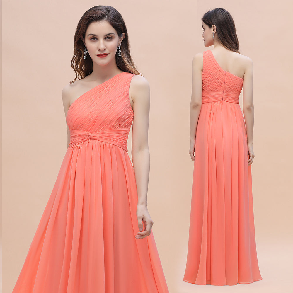 Chic One-Shoulder Ruffles Chiffon Coral Bridesmaid Dresses On Sale