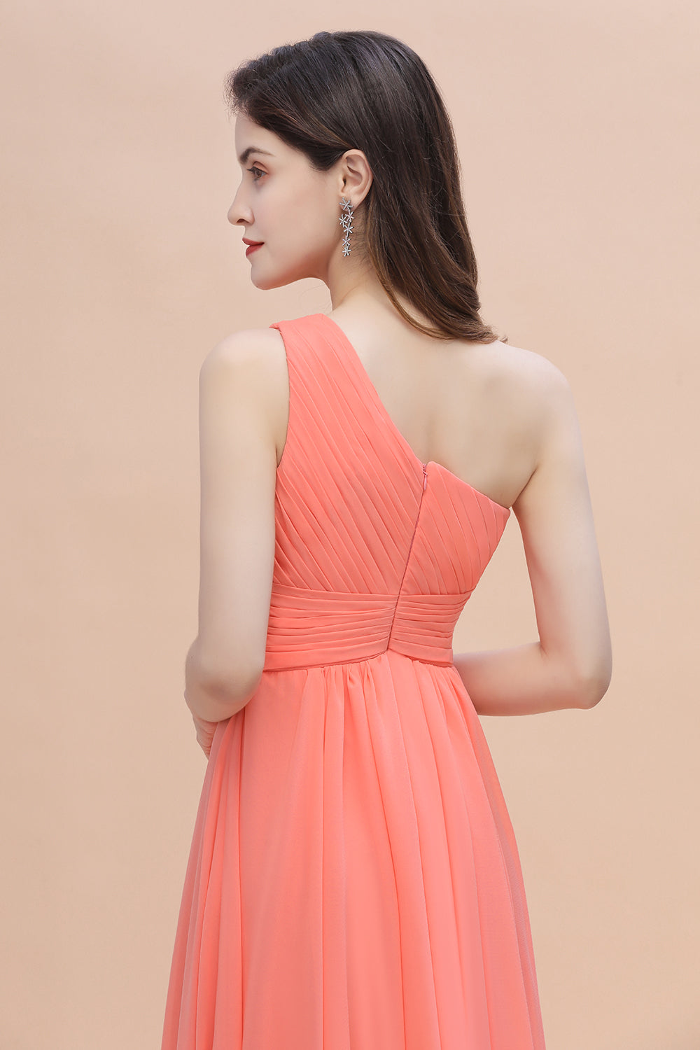Chic One-Shoulder Ruffles Chiffon Coral Bridesmaid Dresses On Sale
