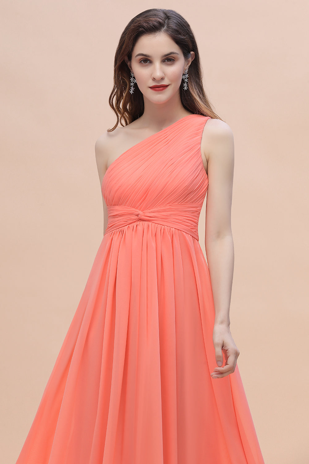 Chic One-Shoulder Ruffles Chiffon Coral Bridesmaid Dresses On Sale