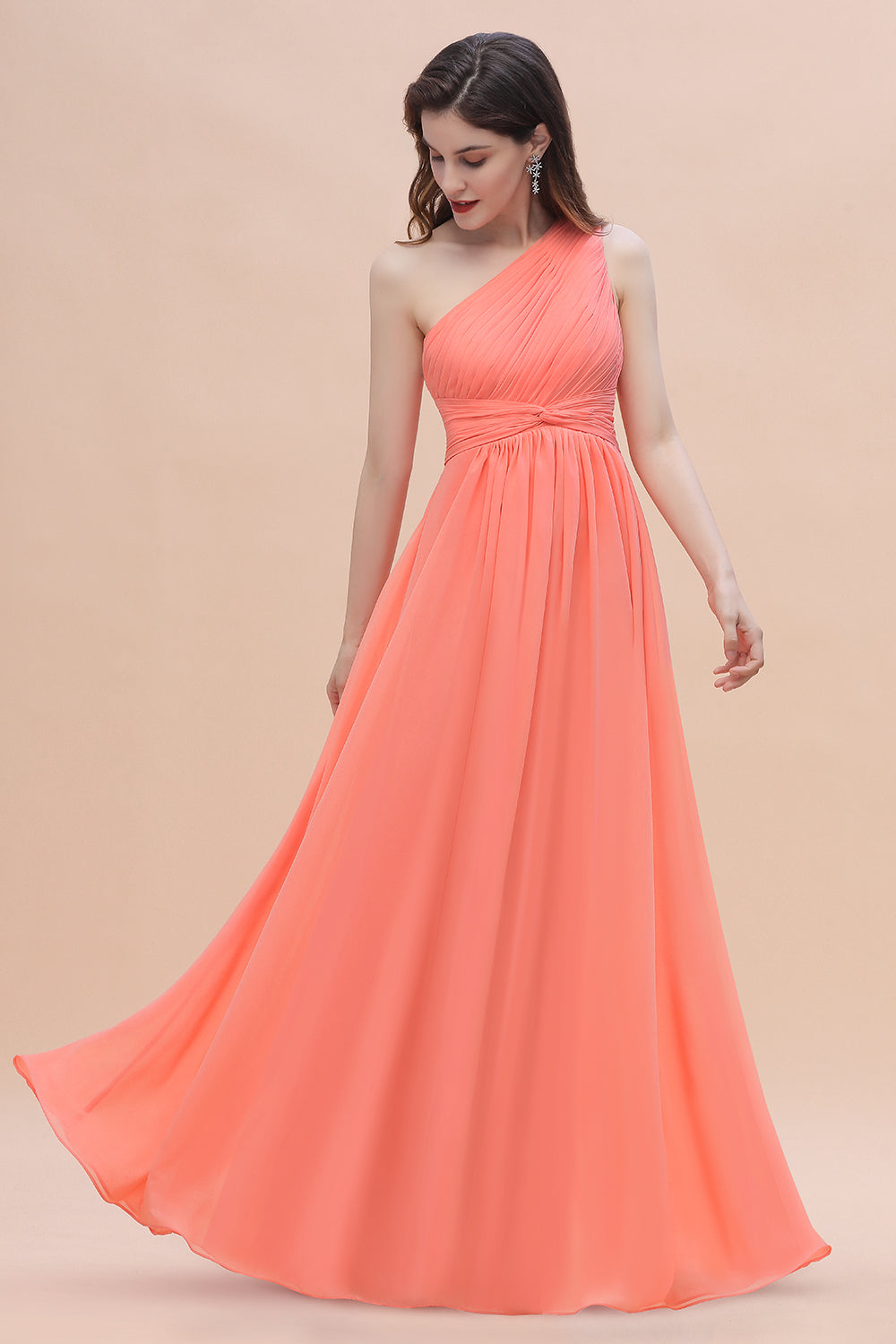 Chic One-Shoulder Ruffles Chiffon Coral Bridesmaid Dresses On Sale