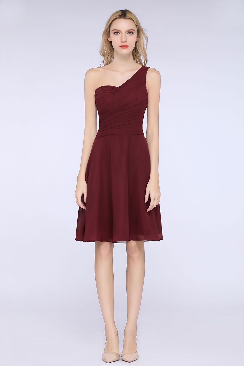 Chic One-Shoulder Short Burgundy Affordable Bridesmaid Dress with Ruffle