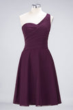 Chic One-Shoulder Short Burgundy Affordable Bridesmaid Dress with Ruffle