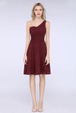 Chic One-Shoulder Short Burgundy Affordable Bridesmaid Dress with Ruffle