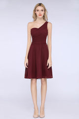 Chic One-Shoulder Short Burgundy Affordable Bridesmaid Dress with Ruffle