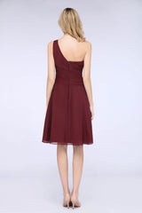 Chic One-Shoulder Short Burgundy Affordable Bridesmaid Dress with Ruffle