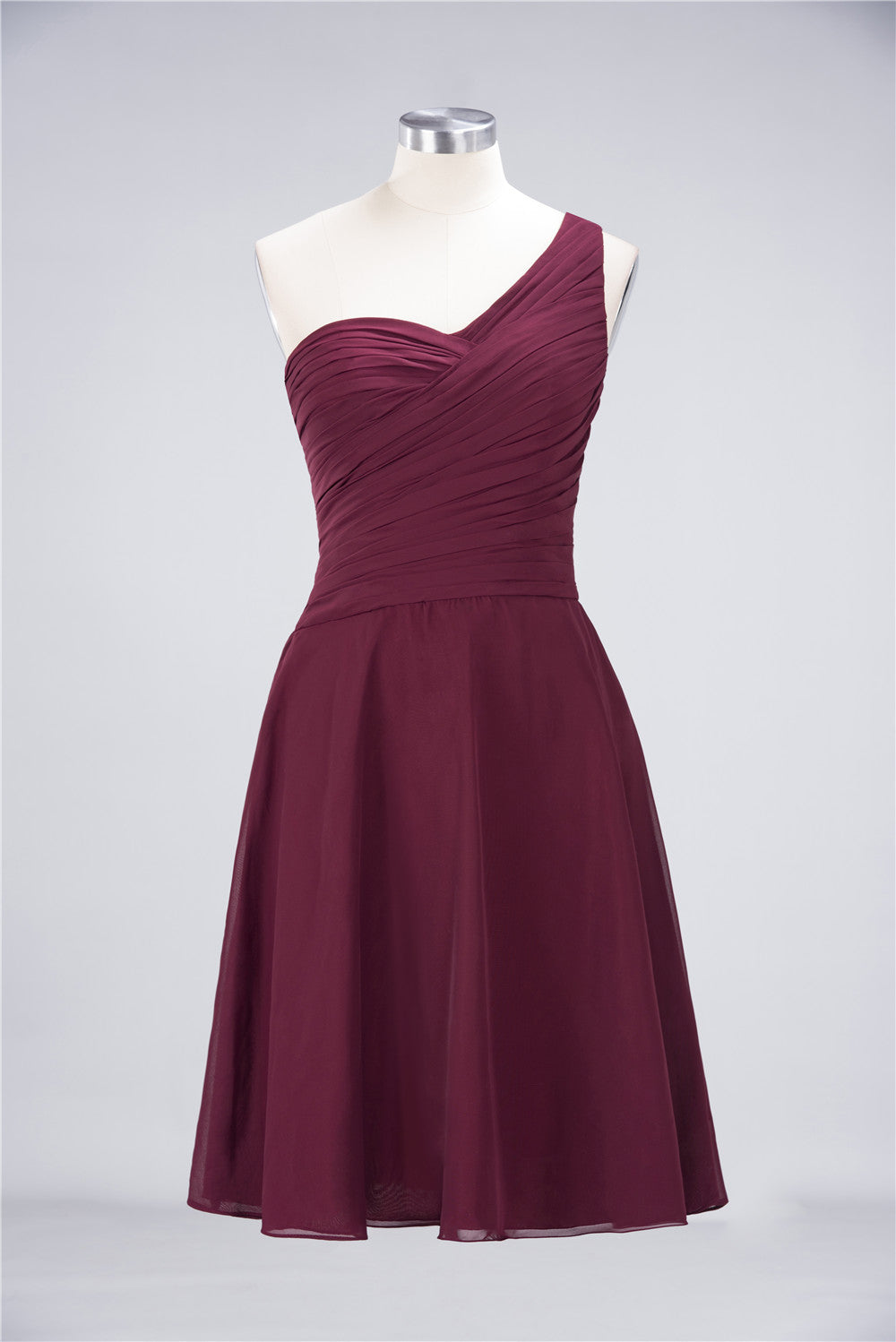 Chic One-Shoulder Short Burgundy Affordable Bridesmaid Dress with Ruffle