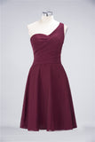 Chic One-Shoulder Short Burgundy Affordable Bridesmaid Dress with Ruffle