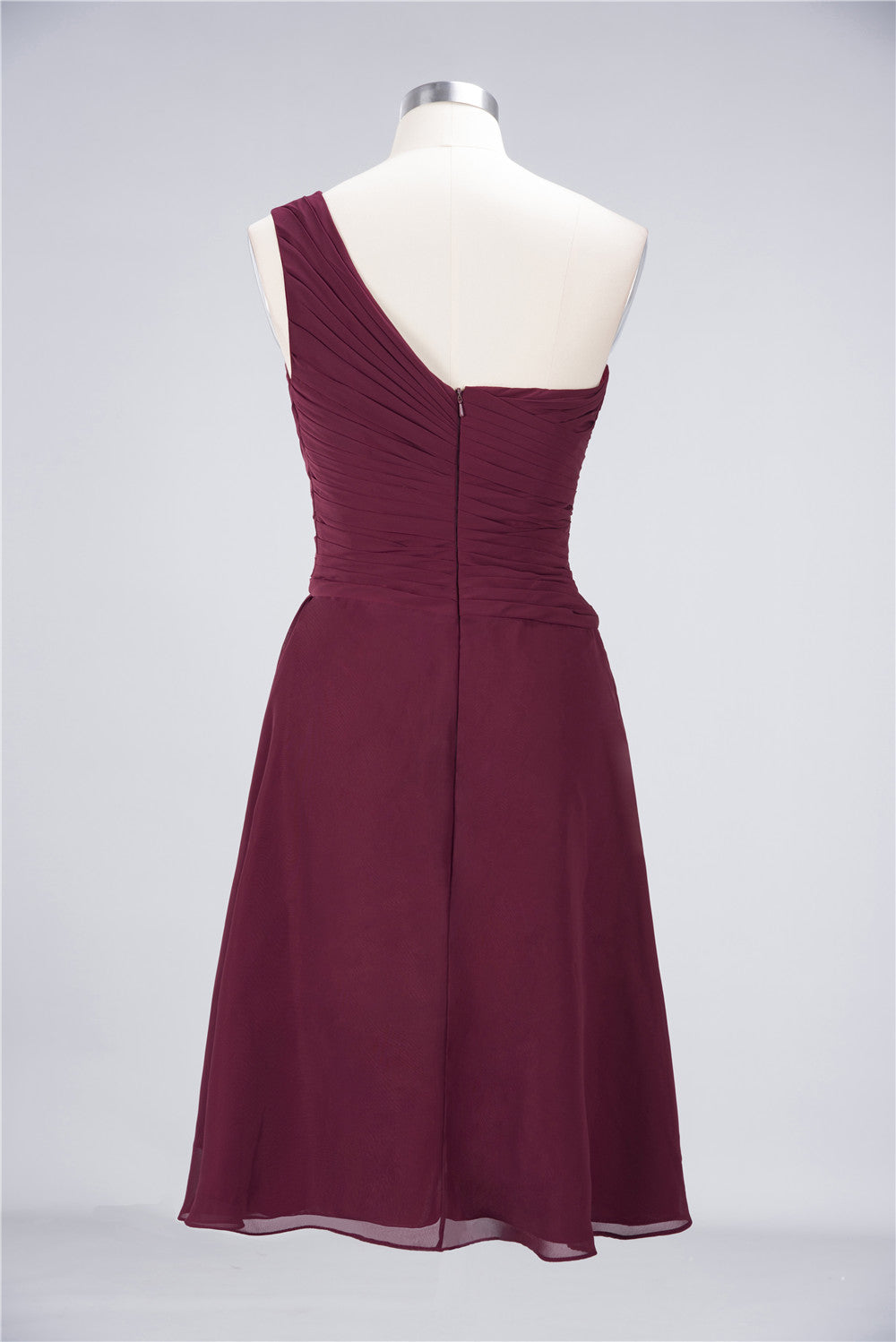 Chic One-Shoulder Short Burgundy Affordable Bridesmaid Dress with Ruffle