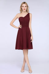 Chic One-Shoulder Short Burgundy Affordable Bridesmaid Dress with Ruffle
