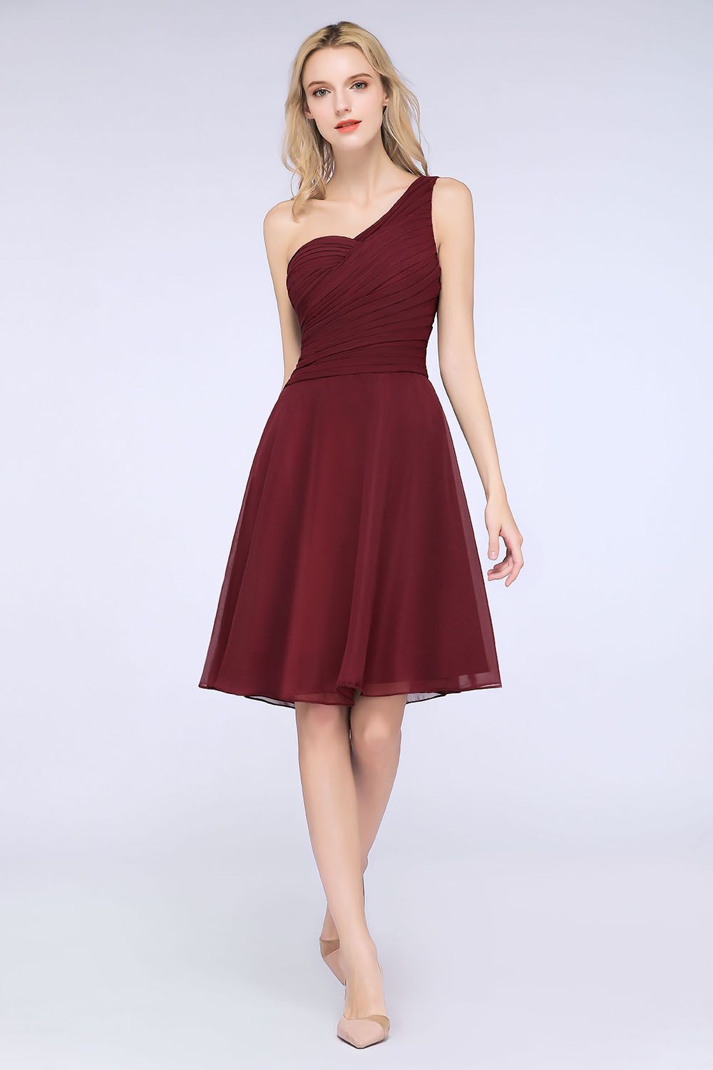Chic One-Shoulder Short Burgundy Affordable Bridesmaid Dress with Ruffle
