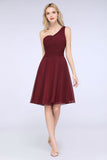 Chic One-Shoulder Short Burgundy Affordable Bridesmaid Dress with Ruffle