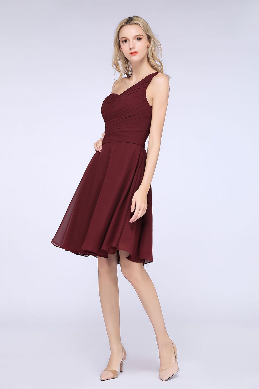 Chic One-Shoulder Short Burgundy Affordable Bridesmaid Dress with Ruffle