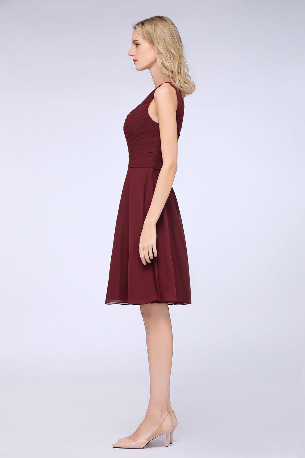 Chic One-Shoulder Short Burgundy Affordable Bridesmaid Dress with Ruffle