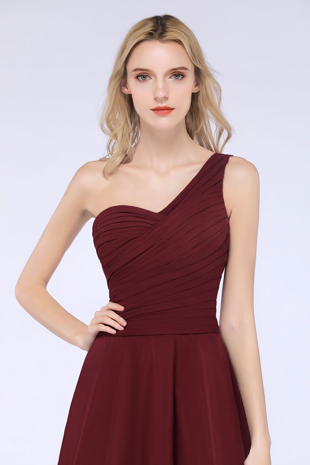 Chic One-Shoulder Short Burgundy Affordable Bridesmaid Dress with Ruffle