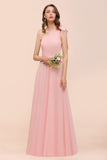 Chic One Shoulder Sleeveless Pink Chiffon Bridesmaid Dress with Bow