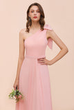 Chic One Shoulder Sleeveless Pink Chiffon Bridesmaid Dress with Bow
