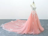 Chic Peach Pink Tulle Lace Wedding Dress Cathedral Train Bridal Gowns On Sale
