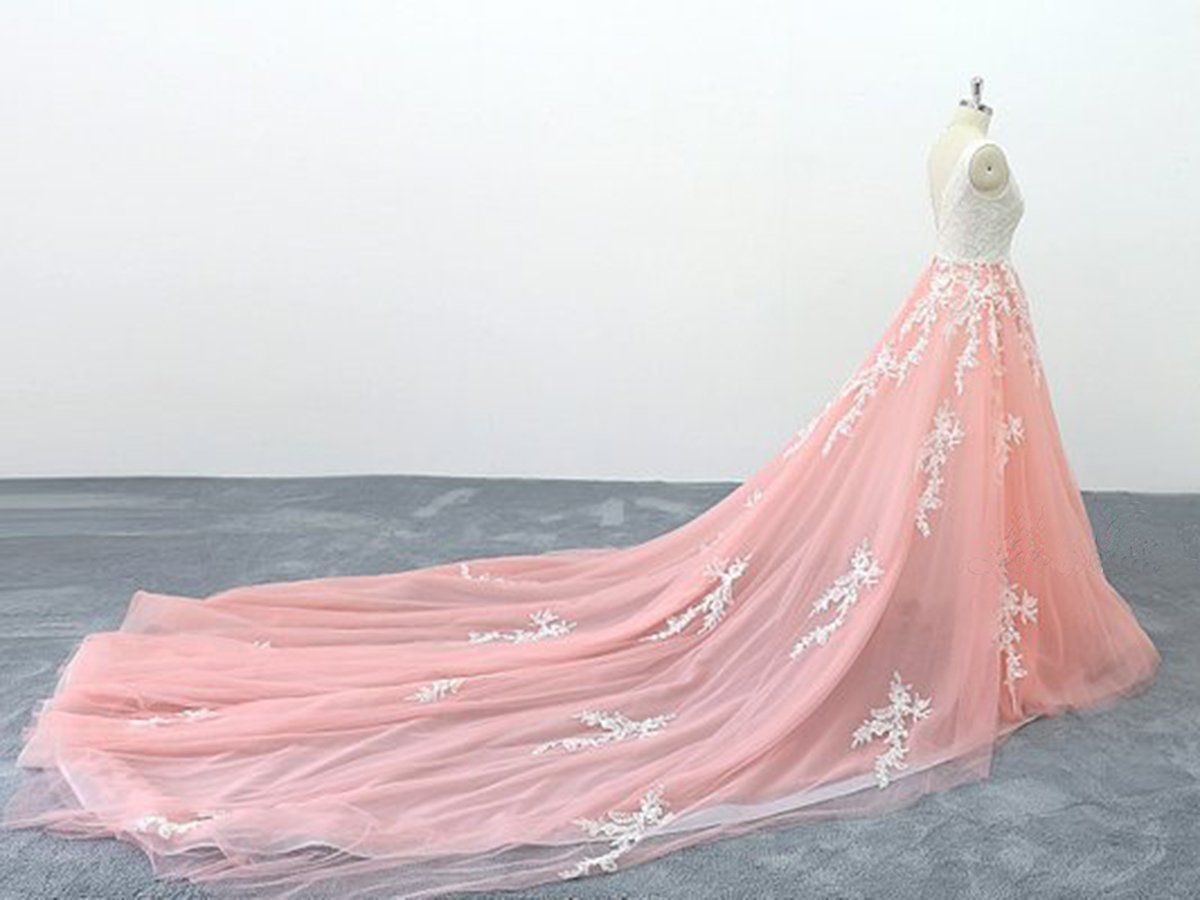 Chic Peach Pink Tulle Lace Wedding Dress Cathedral Train Bridal Gowns – Newinlook Chic Peach Pink Tulle Lace Wedding Dress Cathedral Train Bridal Gowns – Newinlook
