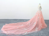 Chic Peach Pink Tulle Lace Wedding Dress Cathedral Train Bridal Gowns On Sale
