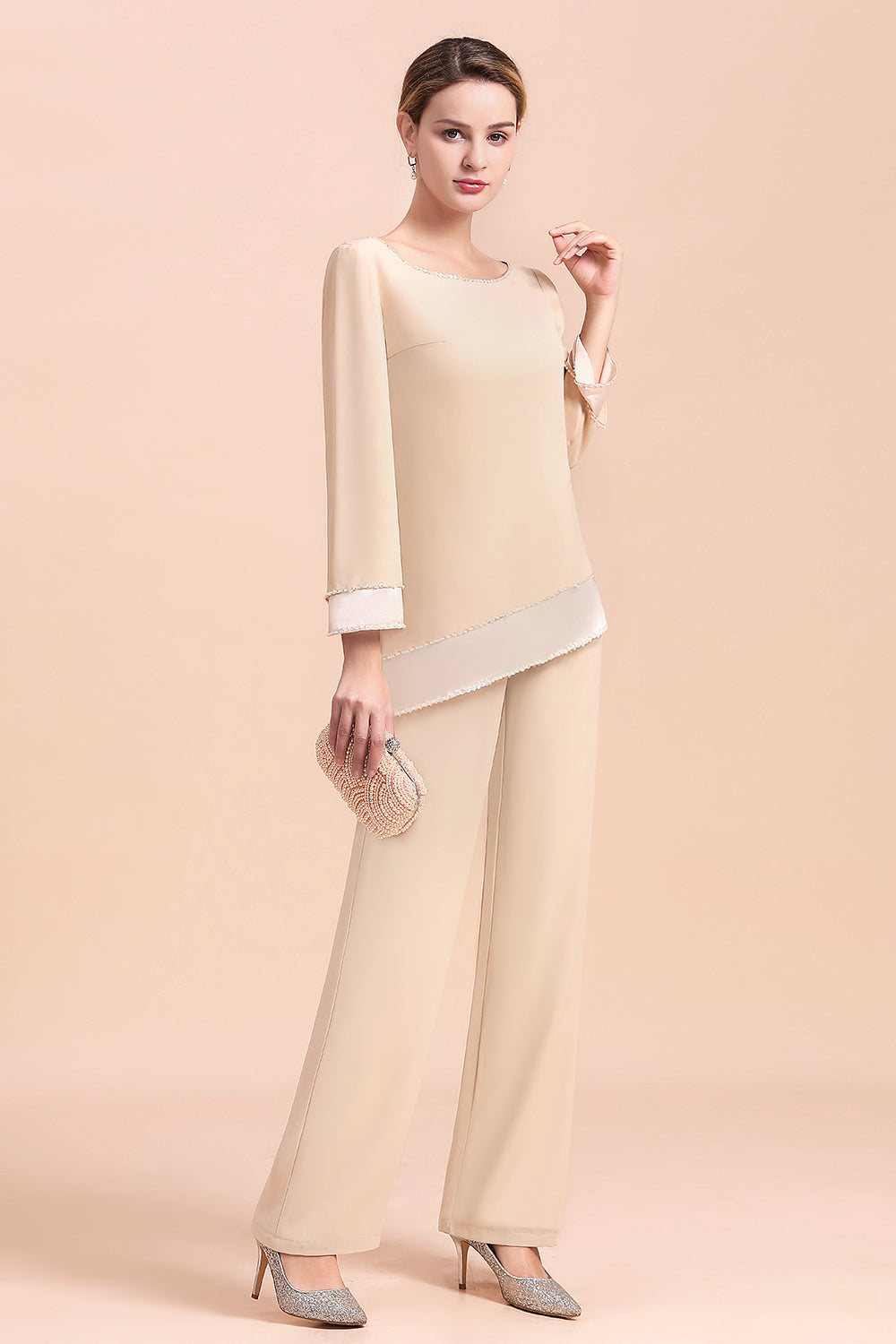 Chic Round-Neck Champagne Chiffon Mother of Bride Jumpsuit Online