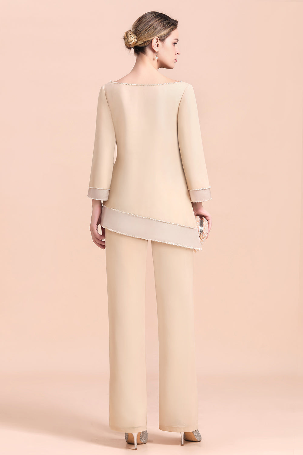 Chic Round-Neck Champagne Chiffon Mother of Bride Jumpsuit Online