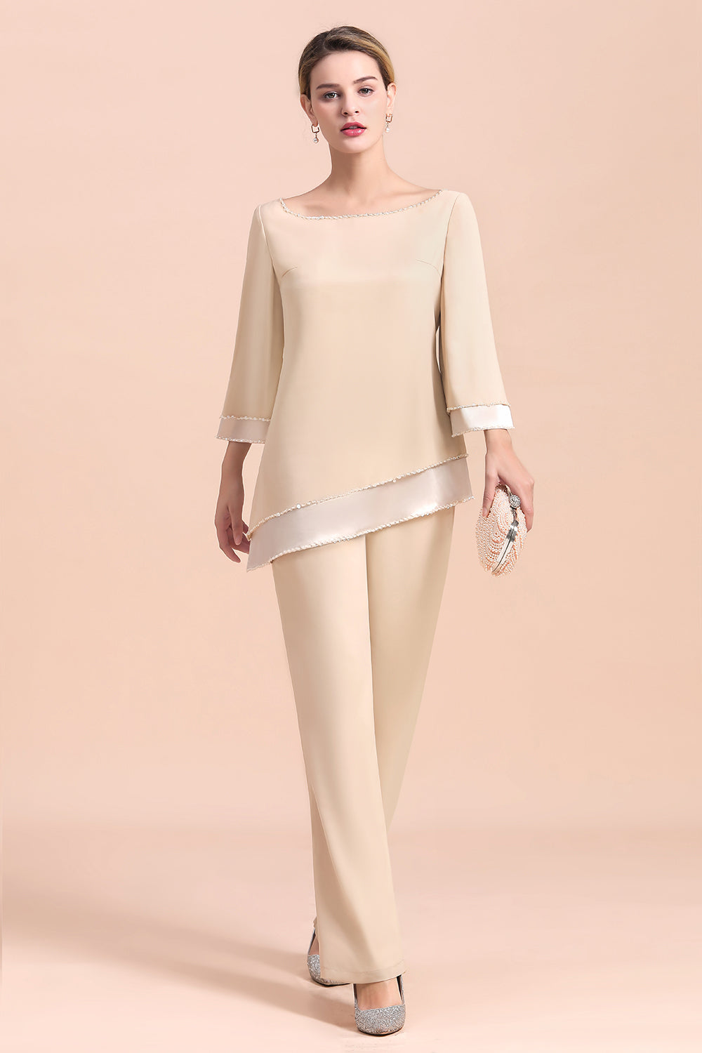 Chic Round-Neck Champagne Chiffon Mother of Bride Jumpsuit Online