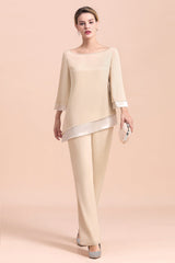 Chic Round-Neck Champagne Chiffon Mother of Bride Jumpsuit Online