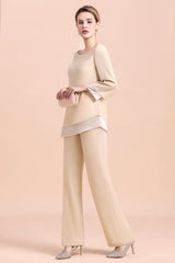 Chic Round-Neck Champagne Chiffon Mother of Bride Jumpsuit Online