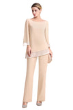 Chic Round-Neck Champagne Chiffon Mother of Bride Jumpsuit Online