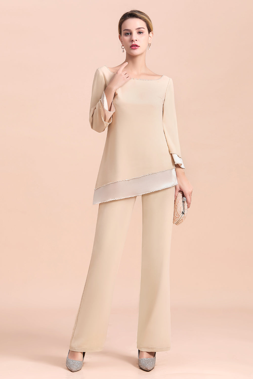 Chic Round-Neck Champagne Chiffon Mother of Bride Jumpsuit Online