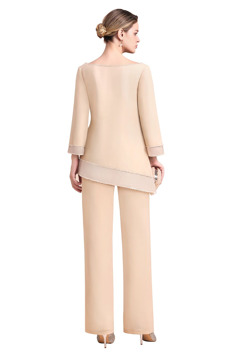 Chic Round-Neck Champagne Chiffon Mother of Bride Jumpsuit Online