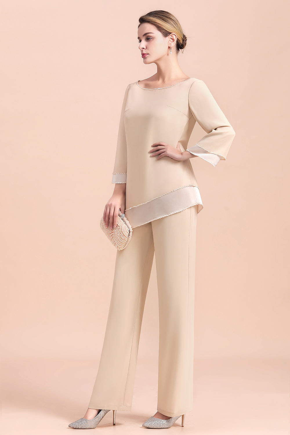 Chic Round-Neck Champagne Chiffon Mother of Bride Jumpsuit Online