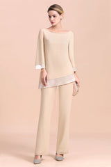 Chic Round-Neck Champagne Chiffon Mother of Bride Jumpsuit Online