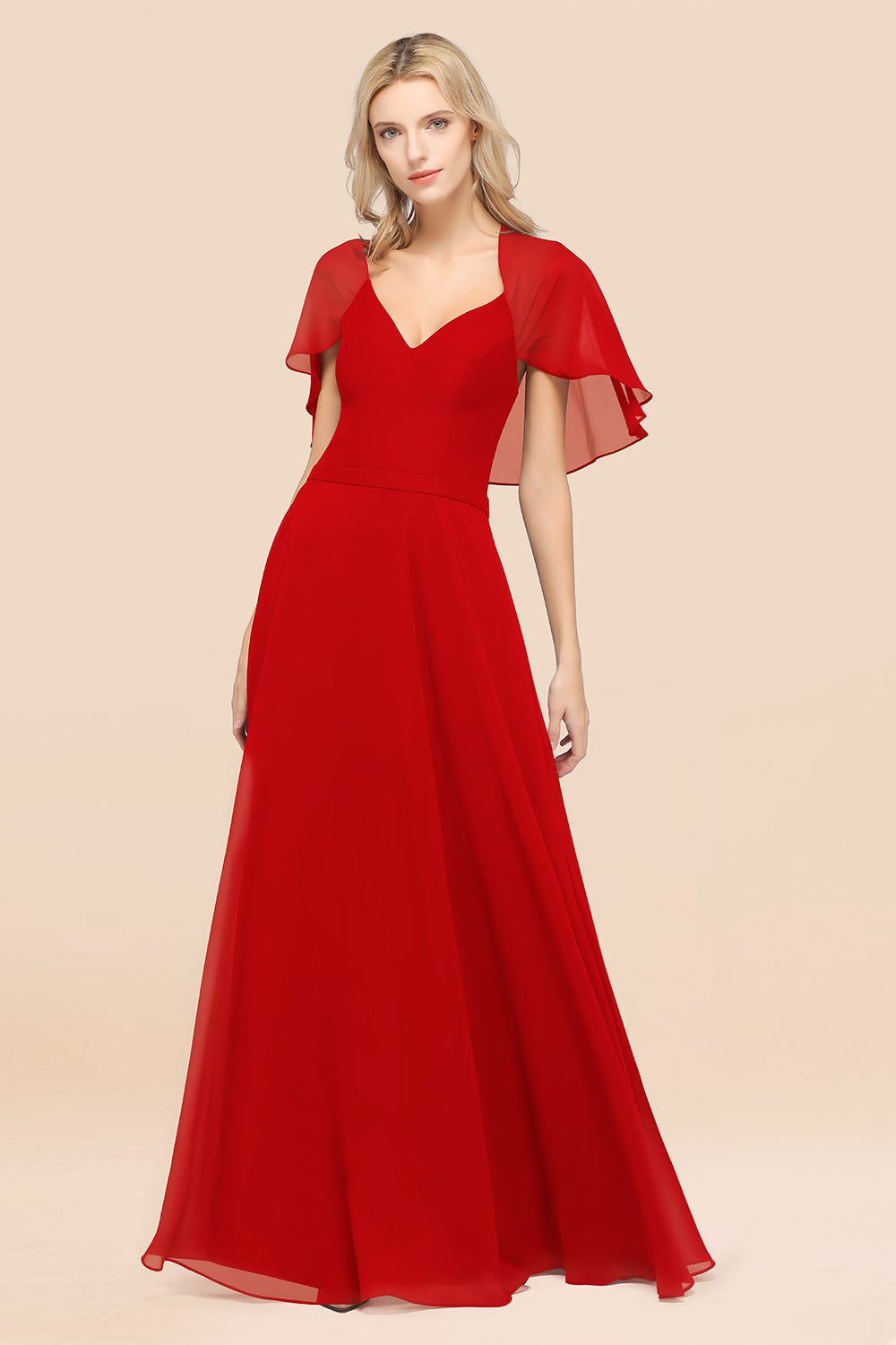 Chic Satin V-Neck Long Burgundy Chiffon Bridesmaid Dress with Flutter Sleeve