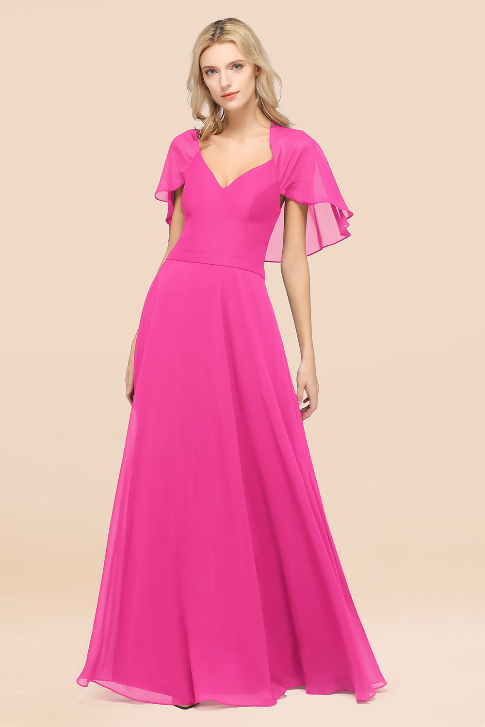 Chic Satin V-Neck Long Burgundy Chiffon Bridesmaid Dress with Flutter Sleeve