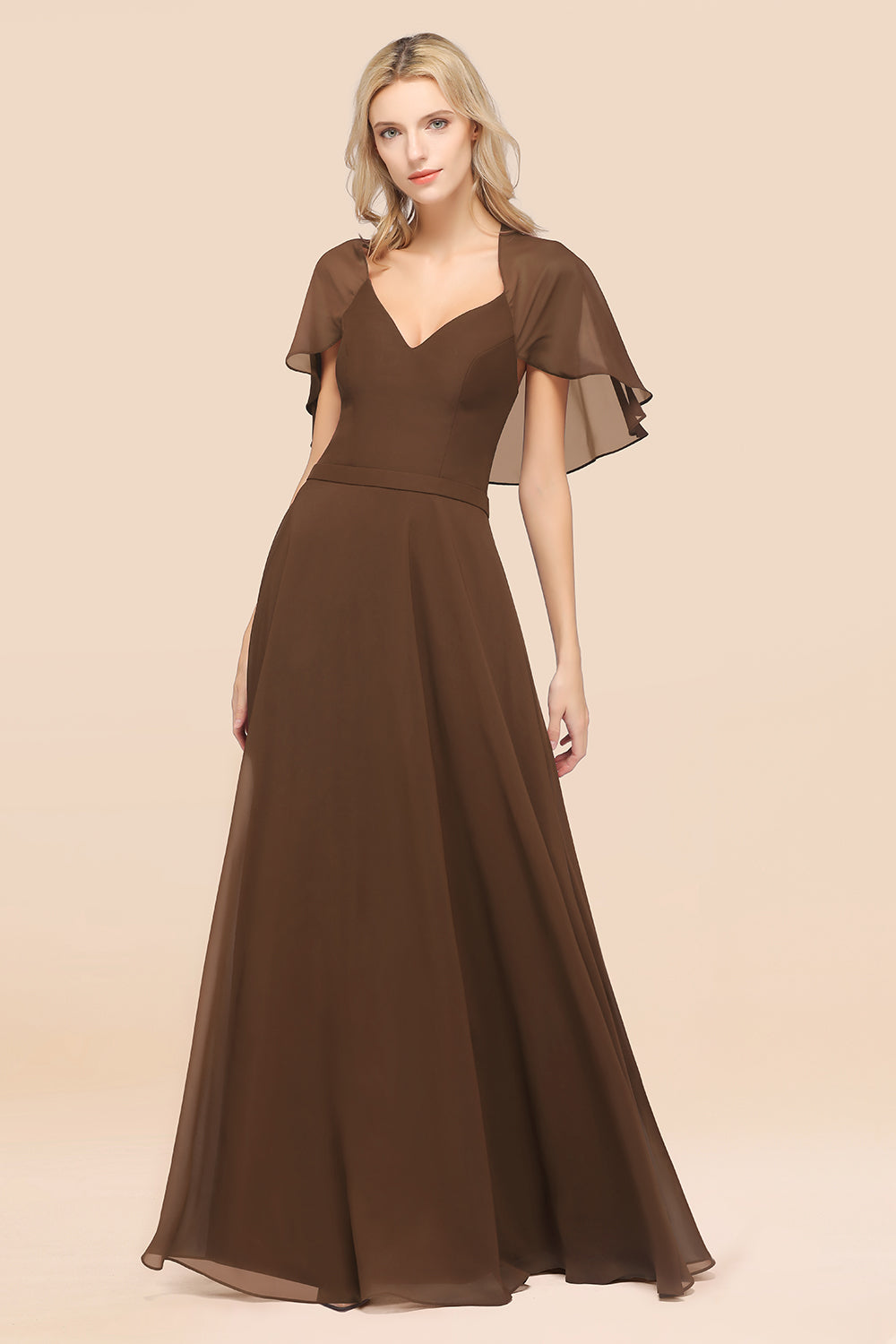 Chic Satin V-Neck Long Burgundy Chiffon Bridesmaid Dress with Flutter Sleeve