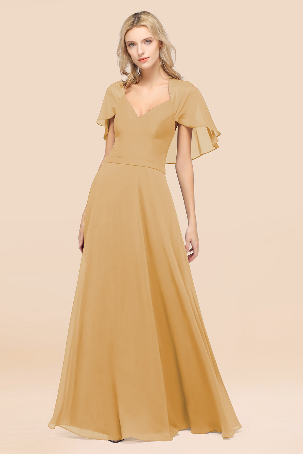 Chic Satin V-Neck Long Burgundy Chiffon Bridesmaid Dress with Flutter Sleeve