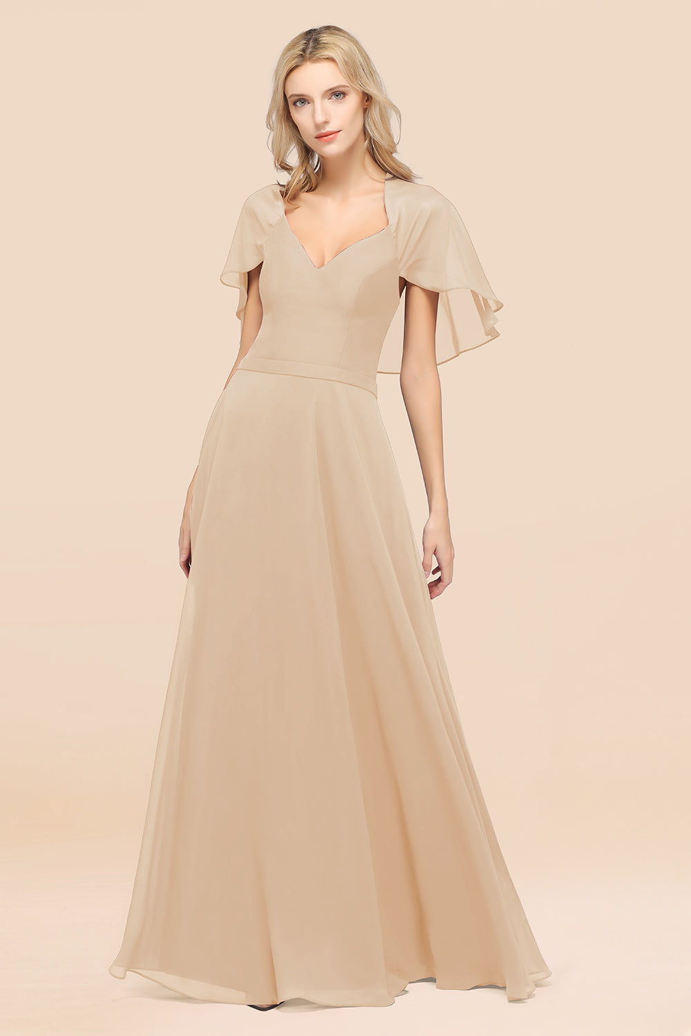 Chic Satin V-Neck Long Burgundy Chiffon Bridesmaid Dress with Flutter Sleeve