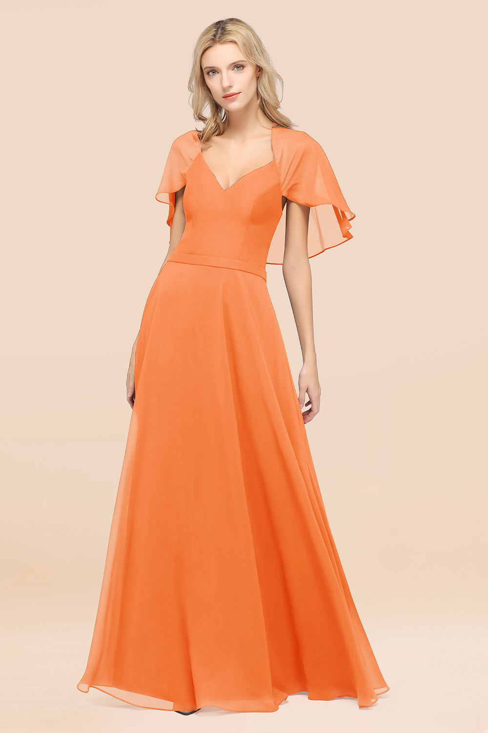 Chic Satin V-Neck Long Burgundy Chiffon Bridesmaid Dress with Flutter Sleeve