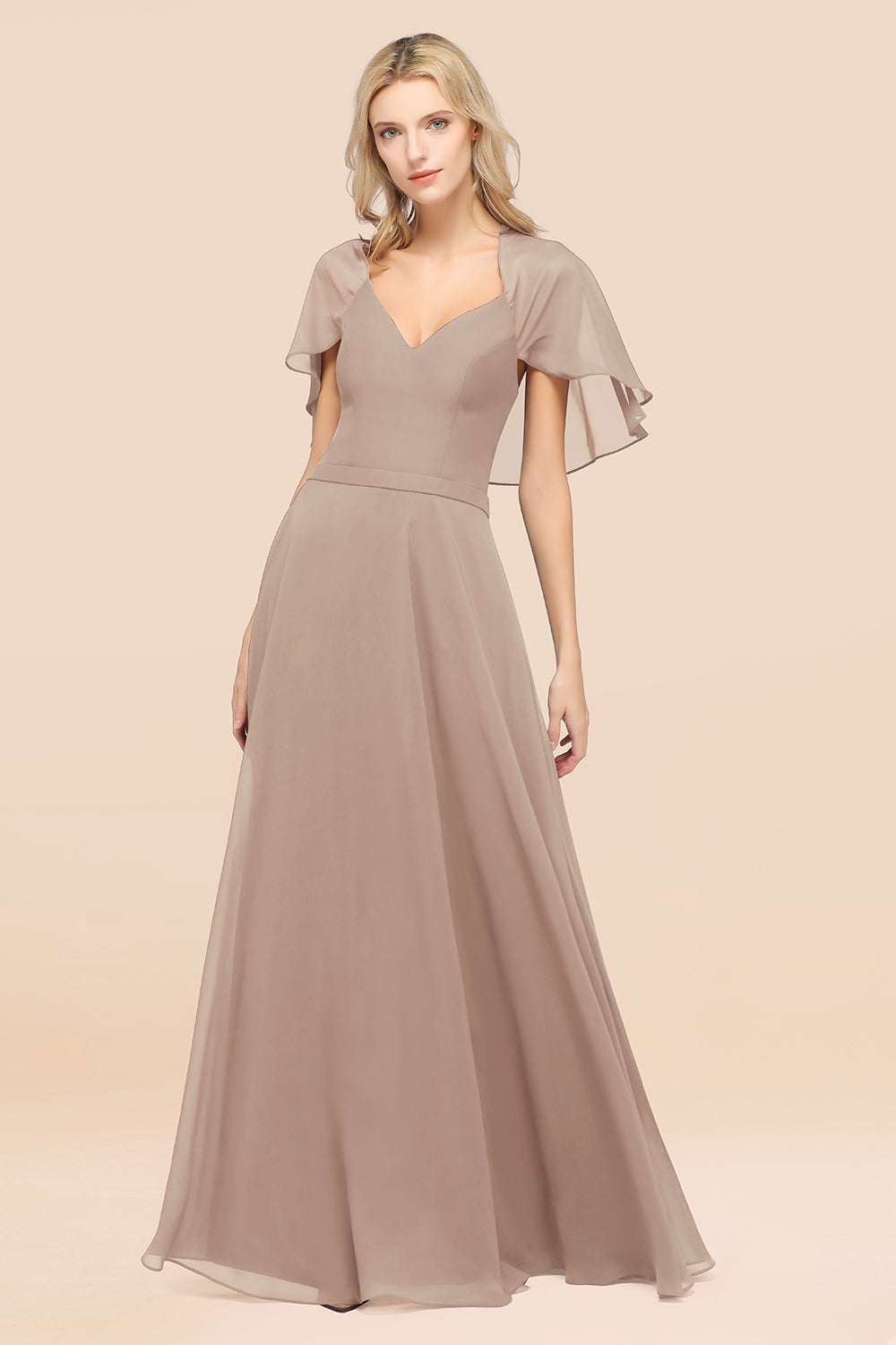 Chic Satin V-Neck Long Burgundy Chiffon Bridesmaid Dress with Flutter Sleeve