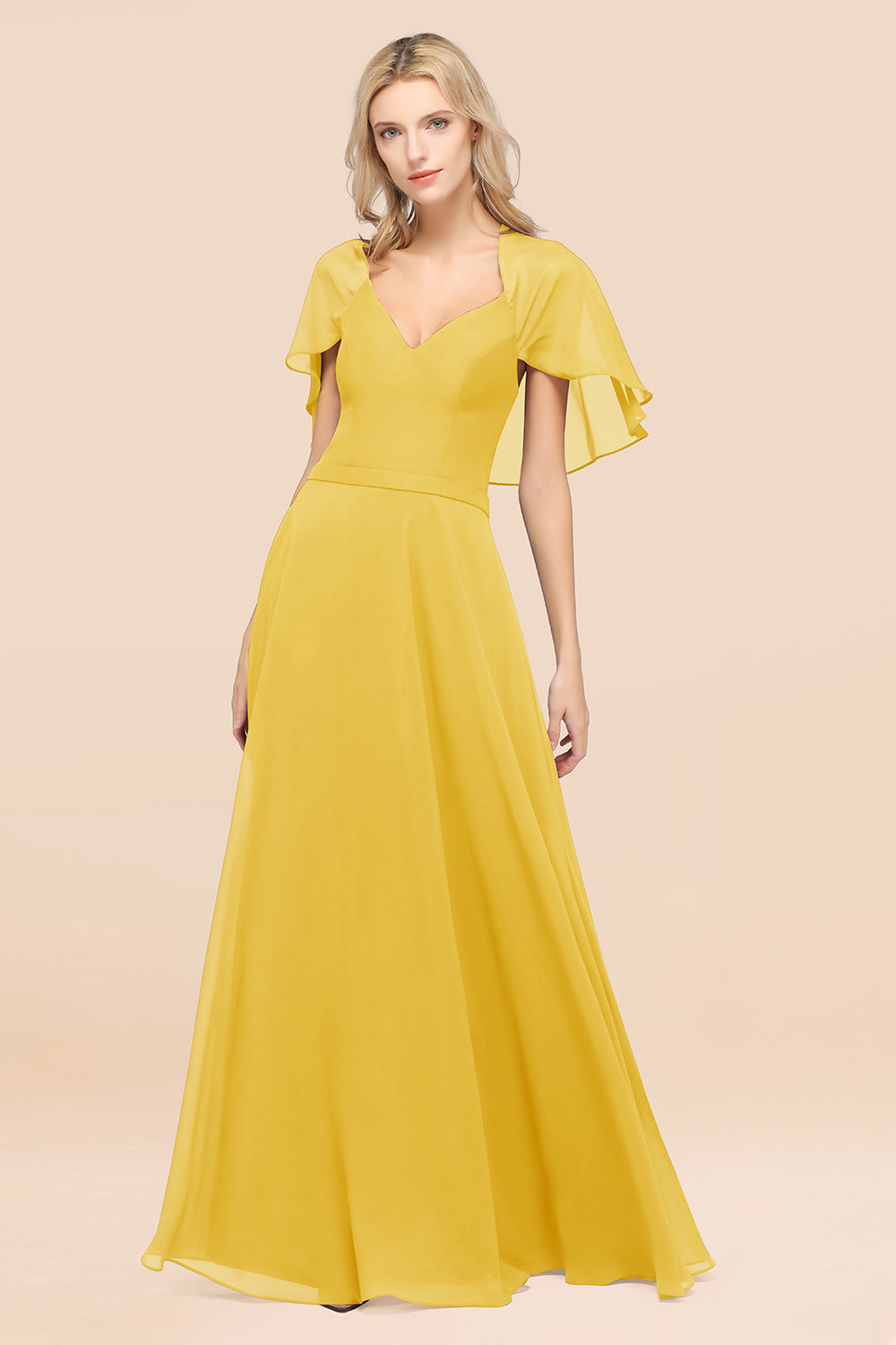 Chic Satin V-Neck Long Burgundy Chiffon Bridesmaid Dress with Flutter Sleeve