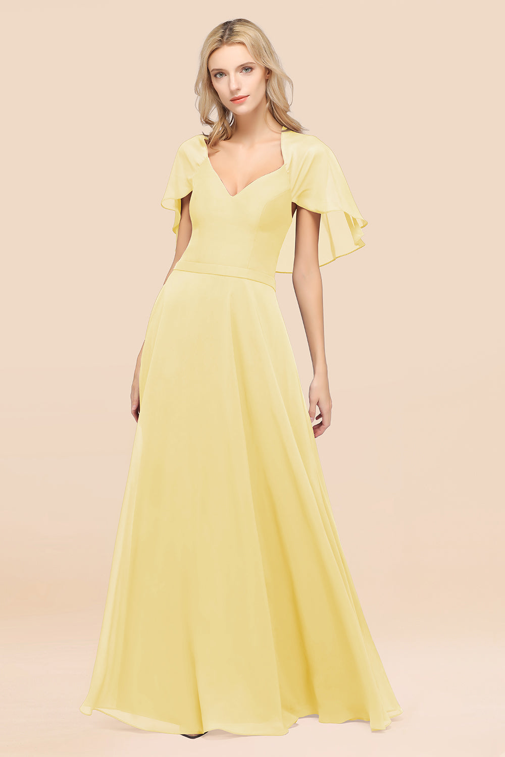 Chic Satin V-Neck Long Burgundy Chiffon Bridesmaid Dress with Flutter Sleeve
