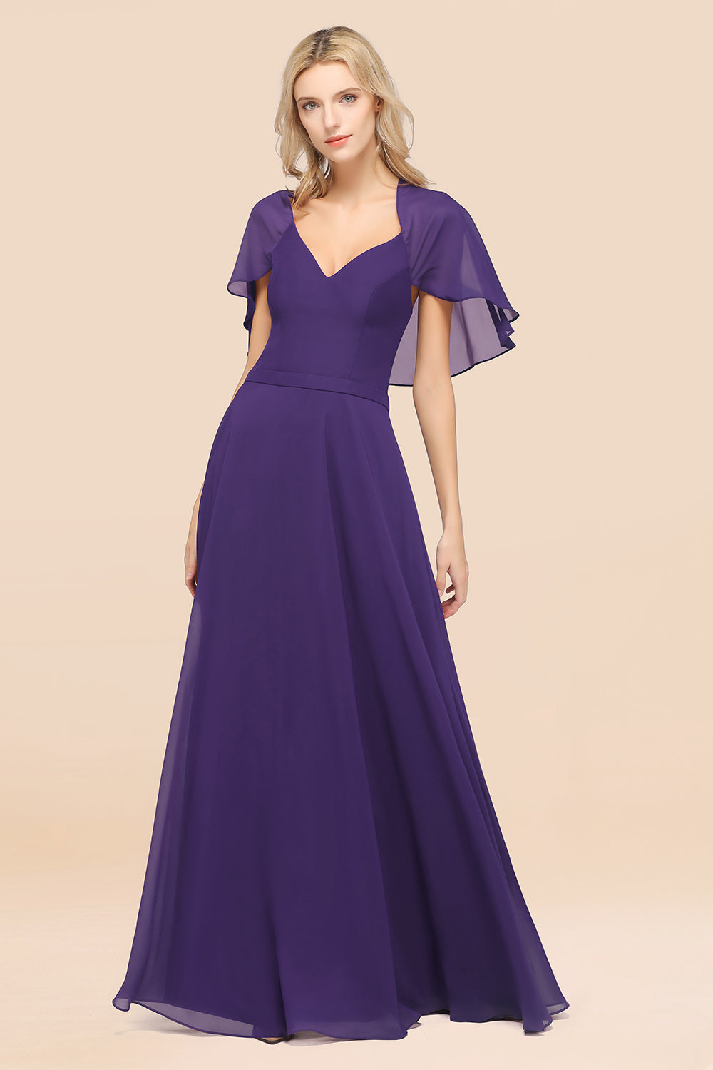Chic Satin V-Neck Long Burgundy Chiffon Bridesmaid Dress with Flutter Sleeve