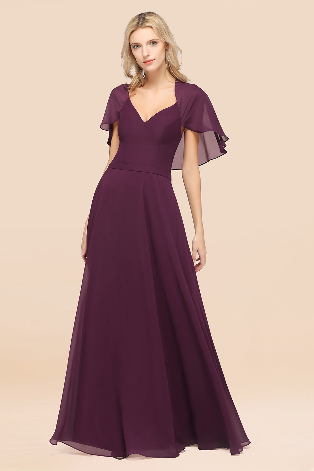 Chic Satin V-Neck Long Burgundy Chiffon Bridesmaid Dress with Flutter Sleeve